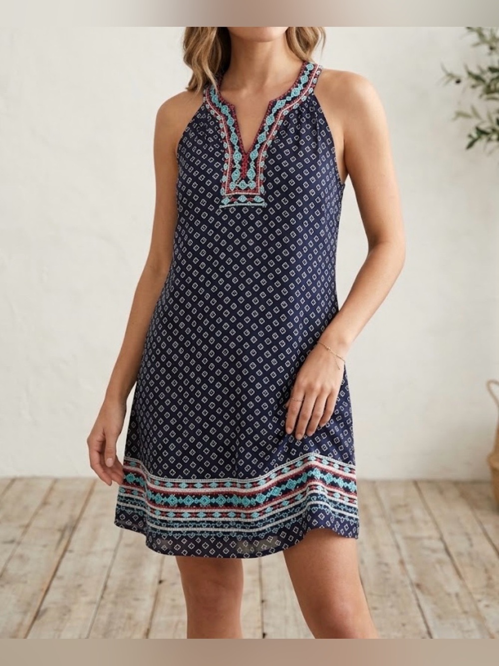 THML Faye Embroidered Halter Neck Mini Shift Dress Navy Geometric Boho Womens M